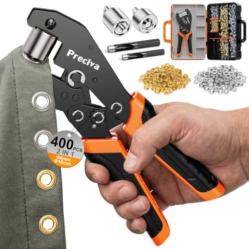 Preciva Pinza per Occhielli a Cricchetto con Valigetta, Kit Occhielli Metallo 6mm 10mm Oro Argento, Pinza Occhiellatrice con Punzone, per Teloni PVC Banner Teli Impermeabili Fai da Te