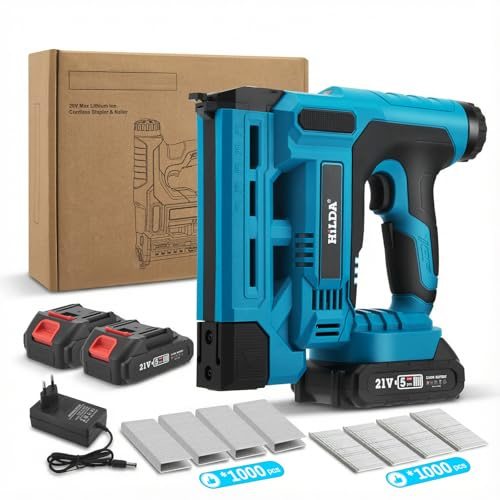 Set di chiodatrice elettrica a batteria Chiodatrice e graffatrice 2 in 1 con 2 batterie da 2.0Ah, 1000 chiodi/graffette inclusi - Profondità di chiodatura regolabile lavori di falegnameria e fai da te