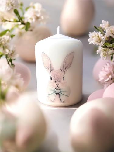 Easter Bunny Rabbit Pillar Candle with Green Bow, White, 8 cm x 5.7 cm, Spring Home Decoration