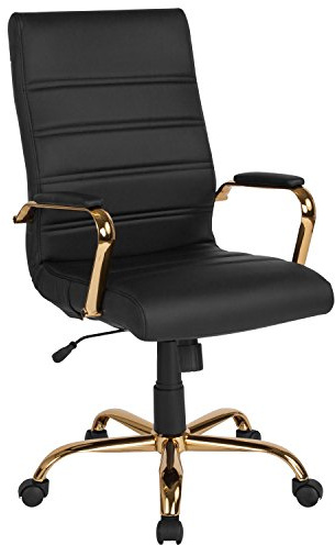 Flash Furniture Chefsessel mit hoher Rückenlehne, drehbarer Bürostuhl mit Metall-Armlehnen, Leder, schwarzes LeatherSoft, goldfarbenes Gestell, 1 Stück