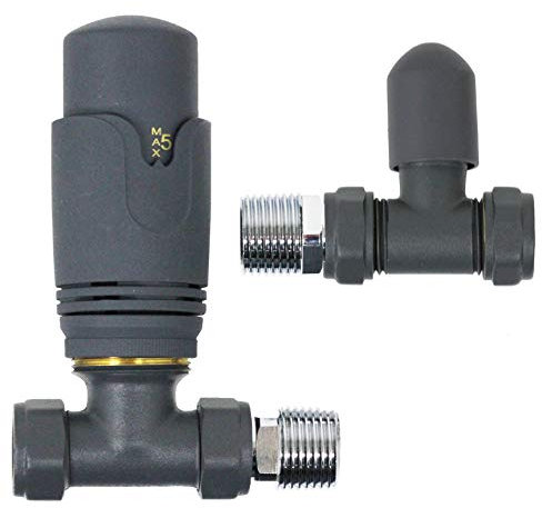 SPARES2GO Thermostat-Heizkörperventil-Set, Messing, gerade, Inline, 15 mm x 1,27 cm TRV, Anthrazit