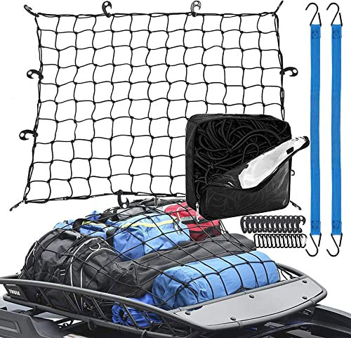 Epesl Cargo Net 3' x 4' Stretches to 6' x 8', 24 Pieces Universal Hooks, 2 Bungee Cargo Cord, Carabiner for Oversized Rooftop Cargo Rack, Roof Rack,Trunk, Trucks, SUV Universal Car Rear Organizer Net