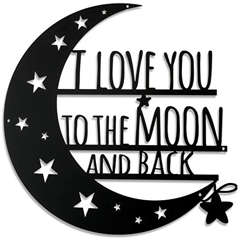 Ripeng Targa da parete in metallo con scritta I Love You to The Moon and Back, decorazione da parete con citazione d'amore, monogramma, decorazione per la casa, anniversario, San Valentino (nero,