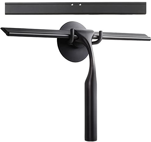 GlobaLink Shower Squeegee, 10 inches Stainless Steel Shower Scrapers with Hanging Suction Hook All-Purpose Bathroom Window Wiper With Replacement Silicone Blade for Shower Door, Mirror-Black