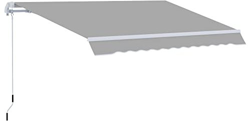 Outsunny 3 x 2m Manual Window Awning Canopy Garden Outdoor Shelter Patio Sun Shade UV Blocker Light Weight Aluminium Frame w/Hand Crank Light Grey