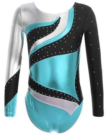 iEFiEL Mädchen Metallic Turnanzug Langarm Gymnastikanzug Tanzbody Leotard mit Strass Glänzende Ballett Trikot Turnkleidung Tanzkostüm Blau 146-152