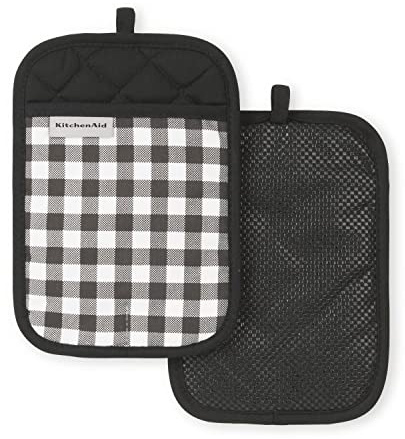 KITCHENAID Gingham Pot Holder 2-Pack Set, Matte Black, 7x10