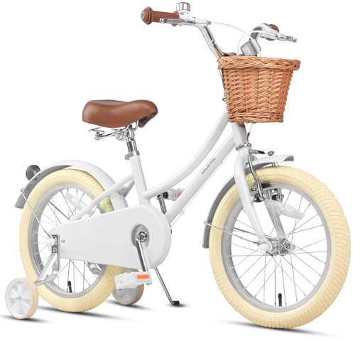Glerc 14 Pulgadas Niños Niñas Bicicleta para 4 5 6 7 Años Niñas Retro Estilo Vintage Bicicletas con Cesta Ruedas de Entrenamiento y Campana, Blanco