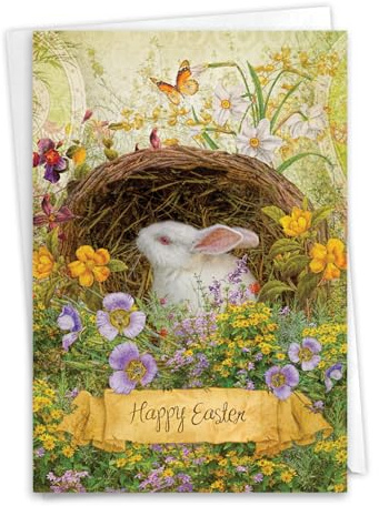 NobleWorks Easter Greeting Card with 5 x 7 Inch Envelope (1 Card) Bunny Flowers C10963EAG