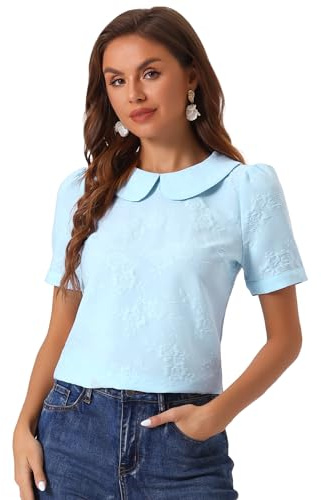 Allegra K Peter Pan Collar Blouse for Women's Floral Jacquard Puff Short Sleeve Kawaii Top Light Blue M