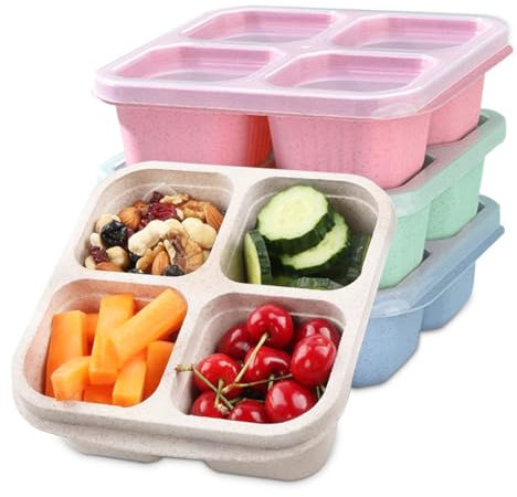 YINENGD 4 Pack Snack Boxes, Reusable Bento Lunch Boxes with 4 Compartments Snack Containers for Kids Adults Leakproof Divided Food Storage for School Work Travel (Pink/Beige/Green/Blue)