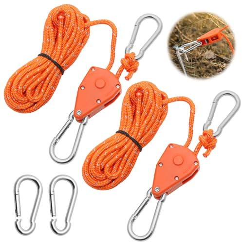 2 Piezas Trinquete de Cuerdas 4M, Trinquete para Cuerda Naranja 1/8 con 2 Ganchos Recambio, Gancho para Cuerda de Carraca Ajustable para Lámpara de Planta, Tienda, Senderismo
