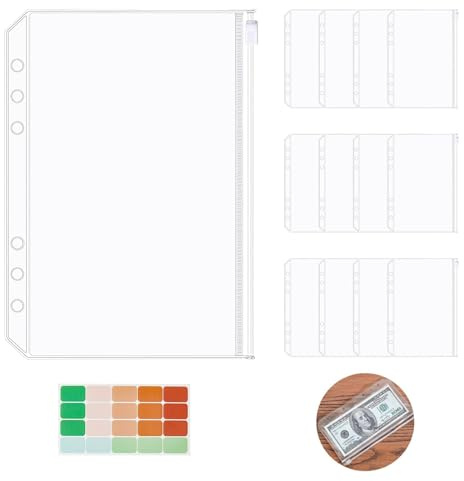 ​12 Piezas Fundas con Cremallera A5 para Carpeta de 6 Agujeros - Bolsas de Plástico PVC Transparente, Impermeables - Para Organizar Documentos, Hojas Sueltas, Fotos - Incluye 20 Etiquetas​
