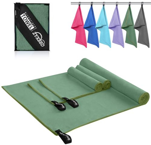 ZYXBBD Mikrofaser Handtuch 3er Set(160x80cm Groß Badetuch +2 Stück 80x40cm Klein Handtuch), Gestreiftes Strandtuch Reisehandtuch Schnelltrocknend Microfaser Handtücher für Fitness Strand,Reise Grün