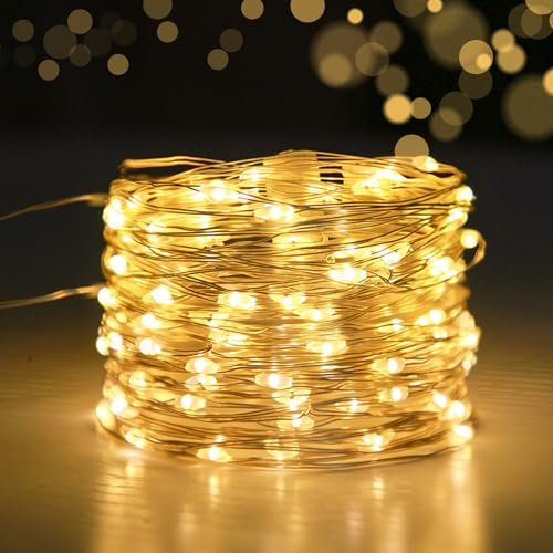 iJiGui 10M Lichterkette Batterie, 100LEDs Lichterkette Draht, Wasserdichte Lichterketten für den Außenbereich, für Weihnachten, Schlafzimmer, Party, Hochzeit, Garten (Warmweiß)