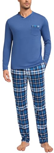 Leversic Pigiama Uomo Invernale Lungo in Cotone - Scollo a V, Due Pezzi, Maniche Lunghe e Pantaloni a Quadri - Zaffiro M