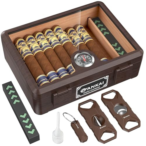 FANKAI Humidor de puros, estuche de vidrio para cigarros con corte recto, corte en V, punzonadora, forro de cedro español, caja de almacenamiento a prueba de roturas con humidificador e higrómetro
