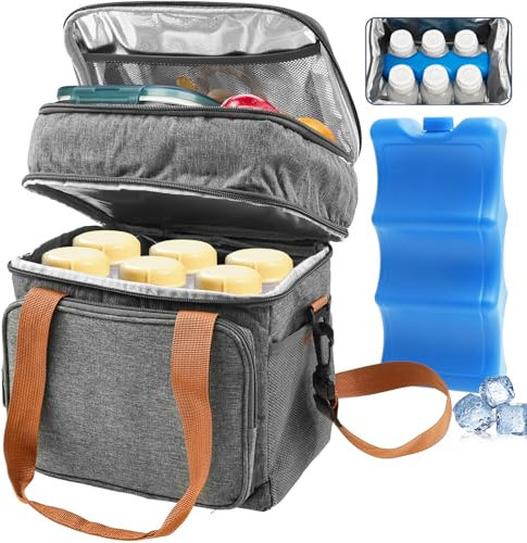 VAVPUP Sac Isotherme pour Lait Maternel avec Bloc Réfrigérant pour 6 Biberons Jusqu'à 600 ml, Étanche avec Bandoulière, Double Couche, Portable pour Pique-Niques