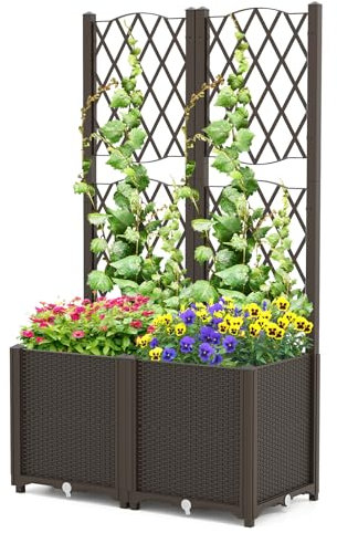 HOMASIS Jardinera con Celosia Exterior de PP, Jardinera Elevada Rectangular con Soporte para Plantas Trepadoras, Autoriego,Cama de Jardín Grande para balcón,Terraza,Patio (marrón, 80x40x140cm)