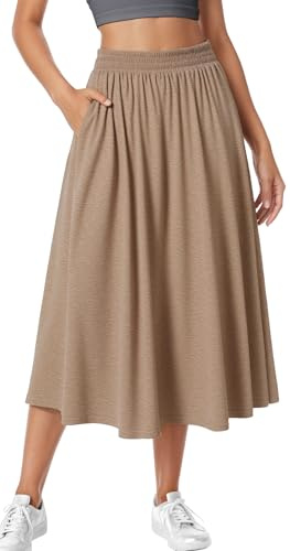 Adigau Gonne da Donna Gonna Midi Alta Elegante Gonne Sportive Casual Tinta Unita con Tasche A-Line Gonna Plissettata con Vita Elastica, cachi., XL
