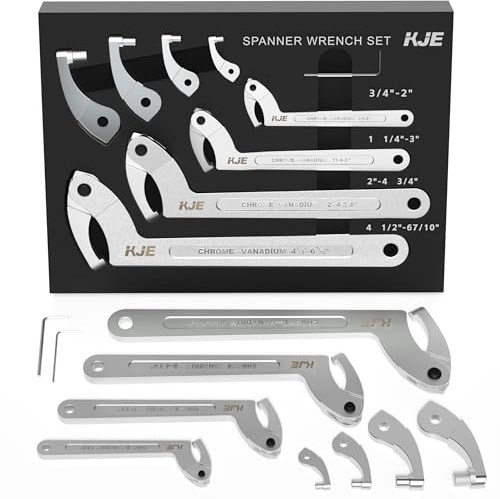 KJE 10PCS Adjustable Pin Spanner Nut Wrench Tool Set, C-Shape Pin Hook Wrench Tools with Replaceable Heads for Pipes Heating Cars, Coilover Wrenches for Suspension System, Bearing, 3/4 to 6-7/10