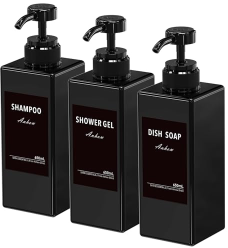 3 st påfyllningsbara flaskdispensers, 650 ml, för duschgel och schampo, duschbehållare med 16 vattentäta etiketter, för badrum, resor, hotell, svart