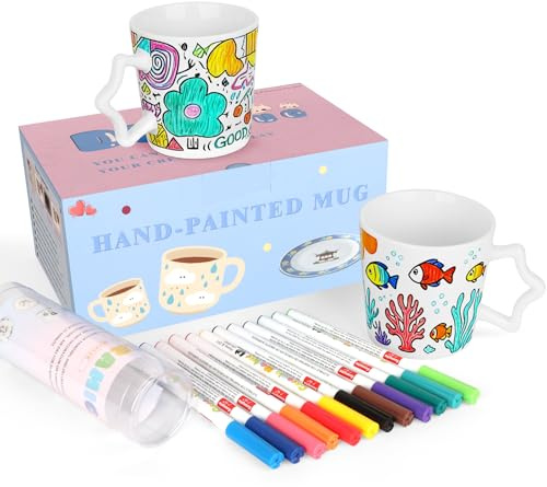 Topspitgo Set de Pintura en Cerámica - con 2 tazas para pintar y 12 marcadores de cerámica, set creativo de tazas perfecto para Navidad para hombres o mujeres