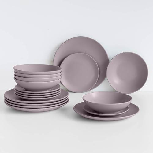 IlGruppone 18 Piatti, 6 Coperti Completi - Servizio da Tavola in Gres Porcellana Smaltato, Piatti con Certificazione Contatto Alimentare per Microonde e Lavastoviglie - Design Moderno, Glicine