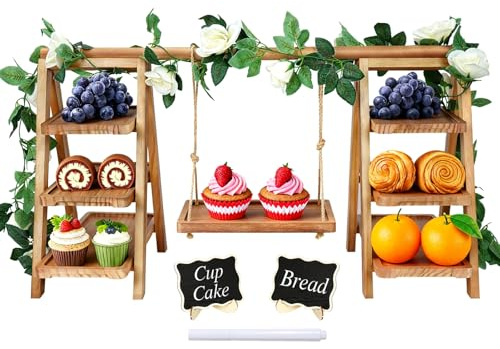Erlsig Wooden Cupcake Stand, 3 Tier Afternoon Tea Stands with Serving Tray and Flower Vine Decor, Dessert Display Stand for Party, Birthday, Wedding, Events, Baby Shower (Swing-Walnut Brown)