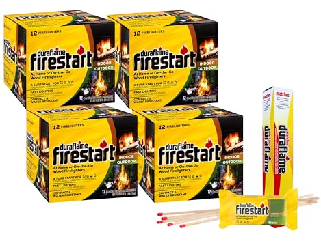 Duraflame Firestart Indoor/Outdoor Firelighters - Quick Ignition for BBQ, Fireplace, Fire Pit and Campfires (48 Pack + Matches)