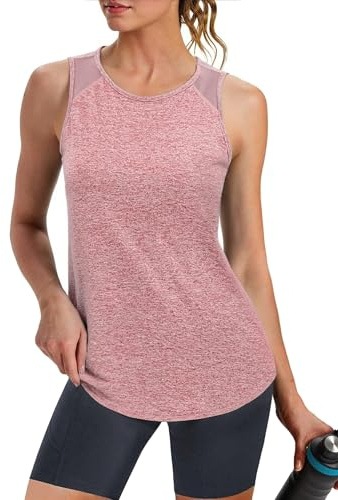 Crewhpo Workout Tank Tops for Women Mesh Back Sleeveless Gym Sports Vest | Quick Dry, Moisture Wicking, Breathable, Curved Hem, Lightweight Stretch, Fitness, Training, Running, Jogging, Hiking