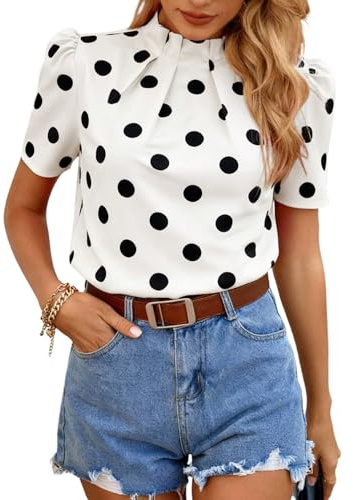 GORGLITTER Dam elegant blus stående krage topp puffärmar sommartopp med prickigt mönster kontorstopp casual sommarkläder