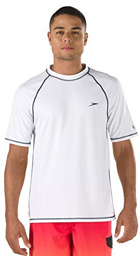 Speedo Men's Uv Swim Shirt Short Sleeve Loose Fit Easy Tee, White, Uv Swim Shirt Short Sleeve Loose Fit Easy Tee