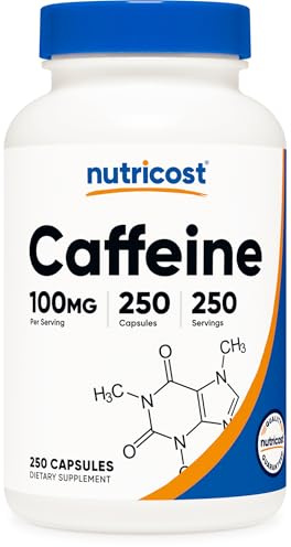 Nutricost Pastillas de cafeína 100mg por porción, 250 cápsulas