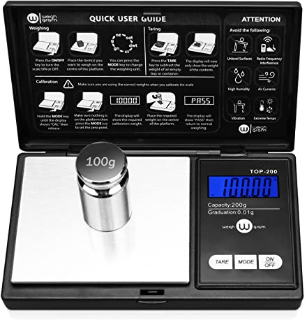Weigh Gram 200g Digital Pocket Gram Scale 0.01g Accuracy, 200g x 0.01g Mini Digital Grams Scale, Small Food Scale, Jewelry Scale, Ounces Grains Scale With100g Calibration Weight