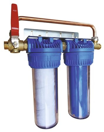 AQUAWATER - 104041 - Station filtre double avec cartouches de filtration et anticalcaire/ anticorrosion - Facilité de raccordement inégalée - Durée des cartouches : 24 mois gris - BY PASS BREVETE
