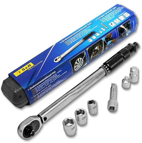 S&R Drehmomentschlüssel 19-110 Nm für Fahrrad & Motorrad, 13mm, 15mm, 17mm Stecknüsse, 75mm Verlängerung, Gelenkgriff, CrV-Stahl, Adapter 3/8'-1/4' & 3/8'-1/2'
