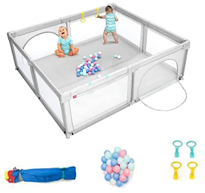 COSTWAY Parque Infantil Bebe,206x185,5x68cm, Corralito Bebe con 2 Puertas, Centro Actividad Portátil con Redes Transpirables y Ventosas Antideslizantes, 50 Bolas y 4 Anillos (gris)