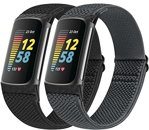 Vodtian Lot de 2 bracelets élastiques compatibles avec Fitbit Charge 5, bracelet de rechange extensible réglable en nylon tressé pour traqueur d'activité Charge 5, homme et femme