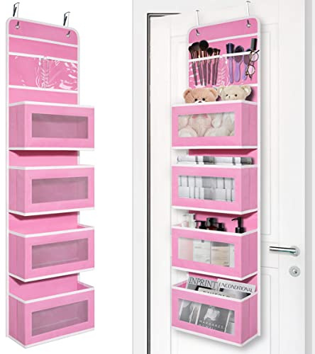 Giraffe Creation Over Door Organizer with 4 Large Capacity Pockets, Hanging Organizer Storage for Closet Bathroom Nursery Bedroom Dorm, Toys Cosmetics Sundries and Baby Essentials, Pink