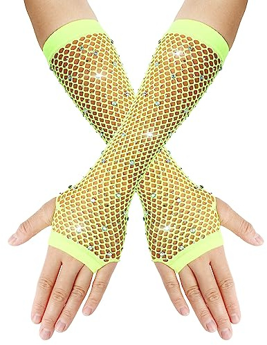 Yolev Gants Longs Jaune Fluo en Résille Sans Doigts pour Femmes avec Strass Gants D'opéra de Mode Brillants pour les Années 80 Costume Party Halloween Cosplay Fournitures