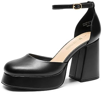 DREAM PAIRS Women's Platform Block Heel Pumps,Black-Pu,7