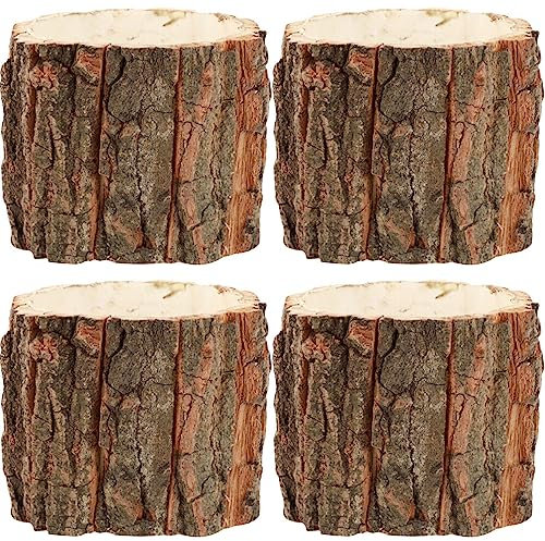 Yardwe Lot de 4 Pots de Fleurs en écorce de Bois Naturel Tronc d'arbre Pot de Plante de Ferme Pot de Cactus Pot de Plantes rustiques Boîtes Seau Tonneau Jardinières