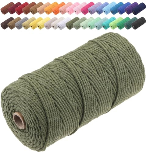 GOHOF Macrame Cord 3mm x 150m Premium Cotton Macrame Rope, 4 Strand Twisted Soft Cotton Cord, One of The Most Perfect Materials for Macrame Art, Cotton String Without Chemicals (Olive Green)