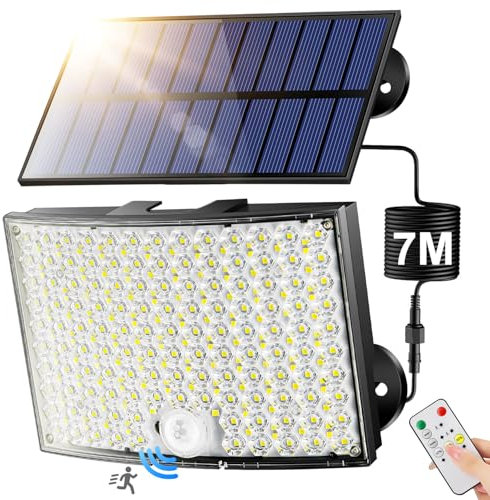 Lampe Solaire Exterieur,【268LED 5 Mode 7M câble】Lampe Solaire Exterieur Detecteur de Mouvement Projecteur Solaire Exterieur, IP65 Lumiere Solaire Exterieur,1800mAh Eclairage Exterieur avec Detecteur