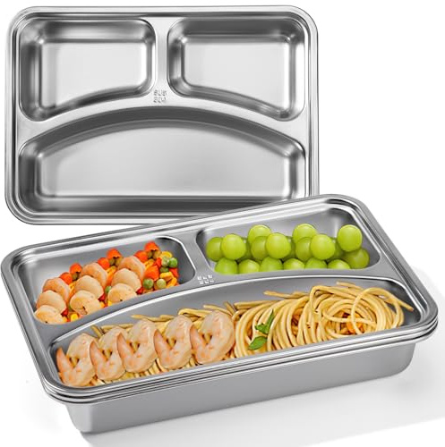 Platos de Cena Dividido En Tres de Acero Inoxidable Plato Control de Porciones Adulto Plato Llano De Acero Inoxidable Reutilizables Irrompibles Plato Dieta 3 Zonas Para Adultos y Niños 4 Piezas