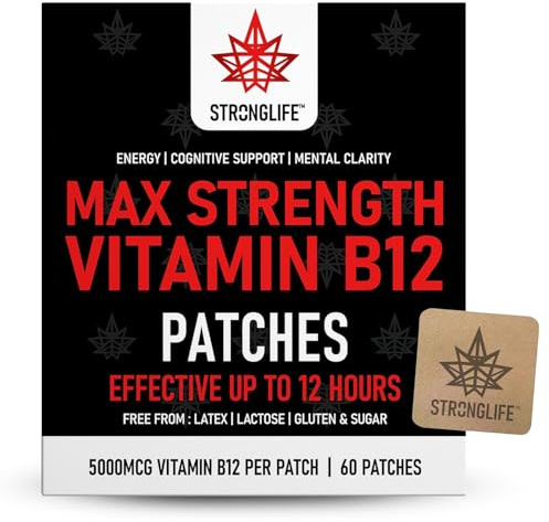 Vitamin B12 High Strength 5000mcg Patches | Transdermal B12 Patch for Daily Energy, Metabolism & Focus | High Absorption 12-Hour Release | Vegan Supplement & Alternative to Tablets & Sprays | 60 Pack