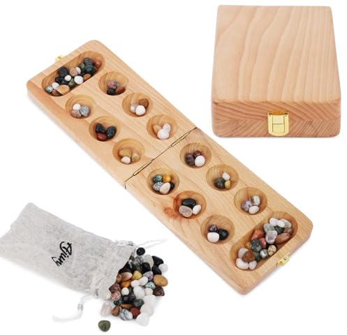 Ajuny Hus Bao Kalaha Spiel Mancala Steinchenspiel aus Holz mit 80 bunten Edelsteinen, klappbares Brettspiel, Strategiespiel für 2 Spieler, Reisespiel für Kinder und Erwachsene