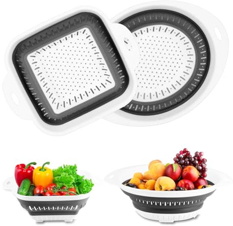 2 Pcs Collapsible Colander Sieve, Foldable Strainers and Colanders & Food Strainers, Collapsible Kitchen Sink Colander with Handle for Draining Vegetable Fruits Pasta Strainer(Oval+Square)