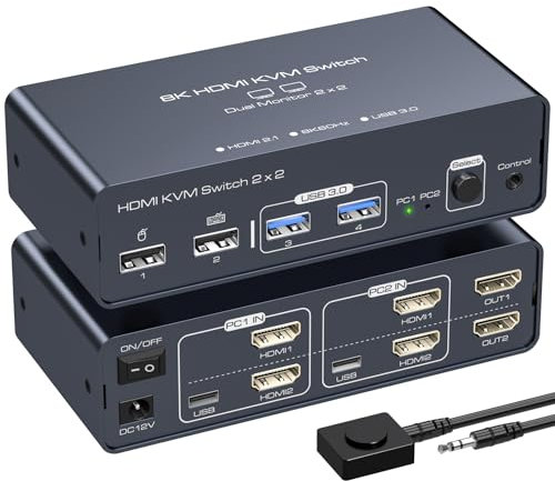 VEDINDUST 8K60HZ KVM Switch 2 Monitors 2 Computers 4K120HZ Dual Monitor KVM Switches HDMI 2 Port Share 4 USB Devices with Desktop Controller